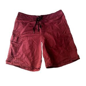 Quicksilver Board Shorts Sz L/XL Dark Red Striped Swim Trunks Pocket Drawstring